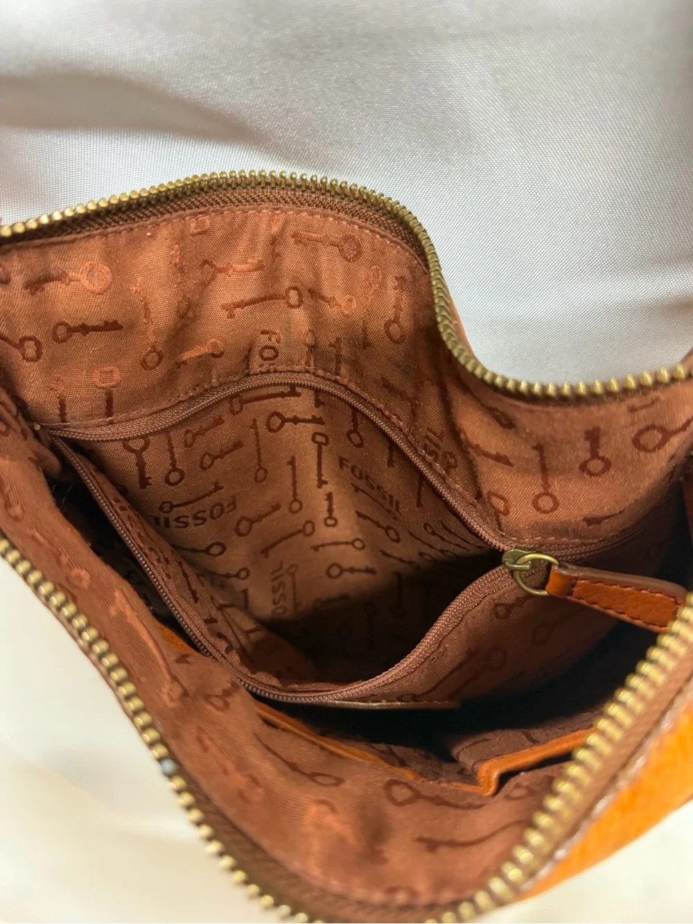 Fossil Explorer Crossbody Bag Orange Cognac Pebbled Leather Brass Vintage